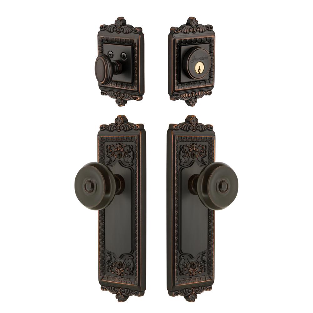 Grandeur by Nostalgic Warehouse WINBOU Windsor Plate with Bouton Knob and matching Deadbolt in Timeless Bronze