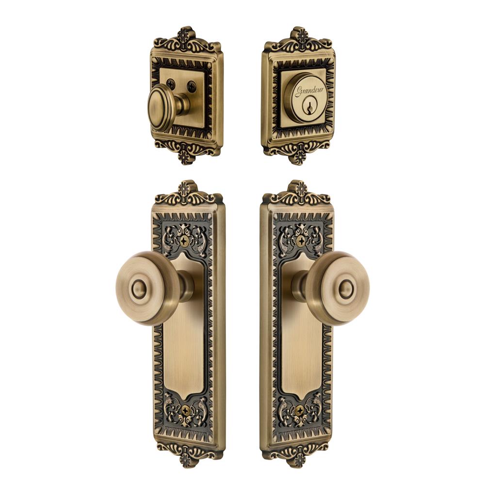 Grandeur by Nostalgic Warehouse WINBOU Windsor Plate with Bouton Knob and matching Deadbolt in Vintage Brass