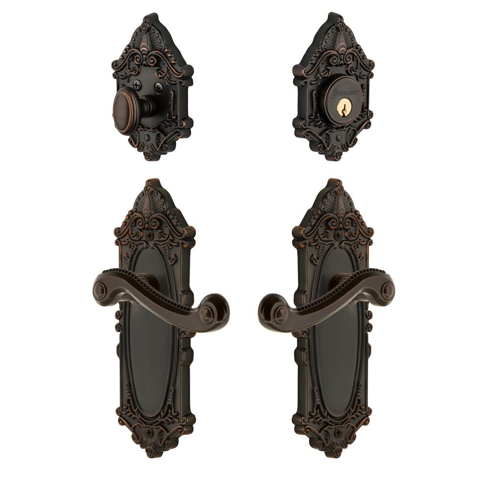 Grandeur by Nostalgic Warehouse GVCNEW Grande Victorian Plate with Newport Lever and matching Deadbolt in Timeless Bronze