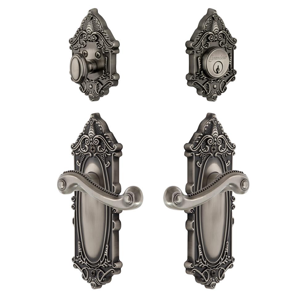 Grandeur by Nostalgic Warehouse GVCNEW Grande Victorian Plate with Newport Lever and matching Deadbolt in Antique Pewter