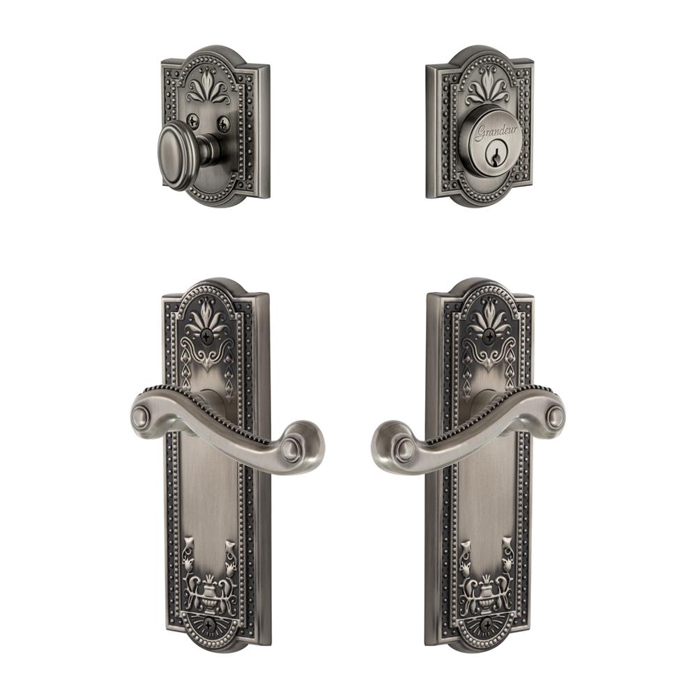 Grandeur by Nostalgic Warehouse PARNEW Parthenon Plate with Newport Lever and matching Deadbolt in Antique Pewter