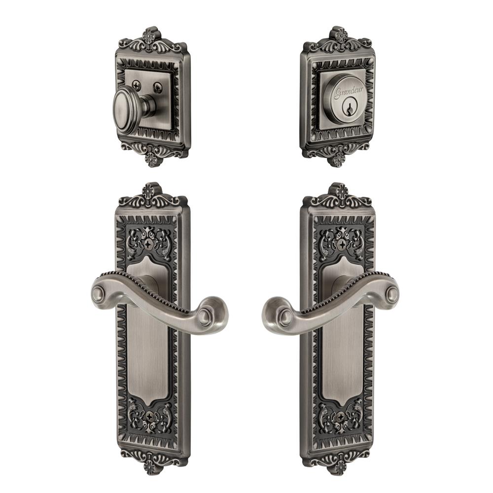 Grandeur by Nostalgic Warehouse WINNEW Windsor Plate with Newport Lever and matching Deadbolt in Antique Pewter