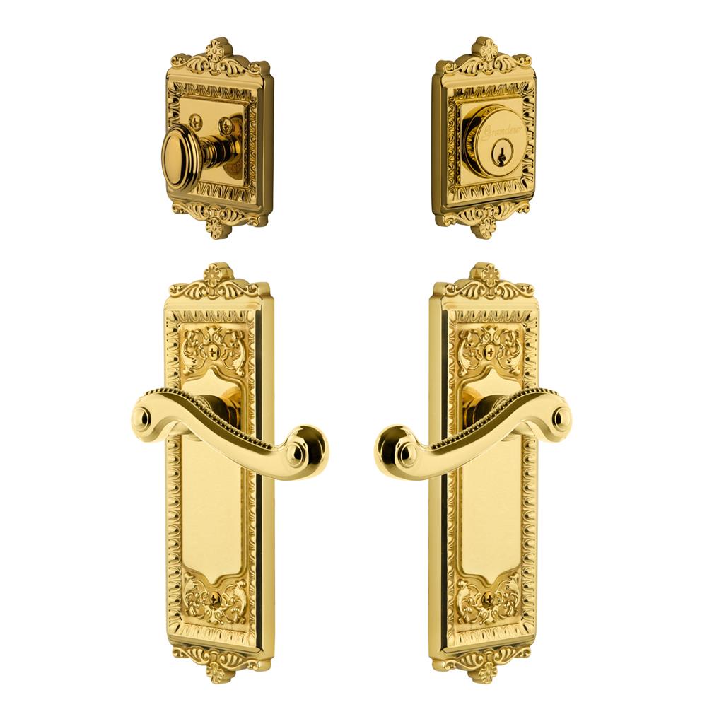 Grandeur by Nostalgic Warehouse WINNEW Windsor Plate with Newport Lever and matching Deadbolt in Lifetime Brass