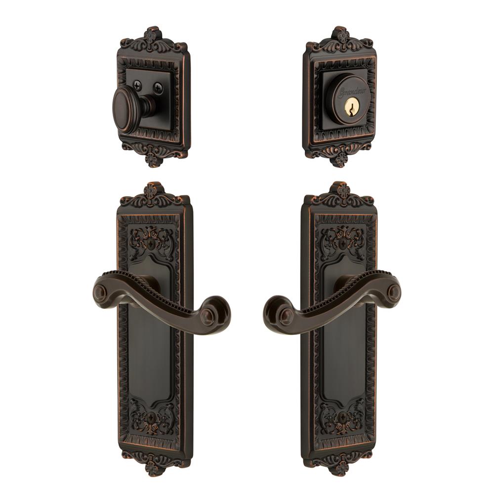 Grandeur by Nostalgic Warehouse WINNEW Windsor Plate with Newport Lever and matching Deadbolt in Timeless Bronze