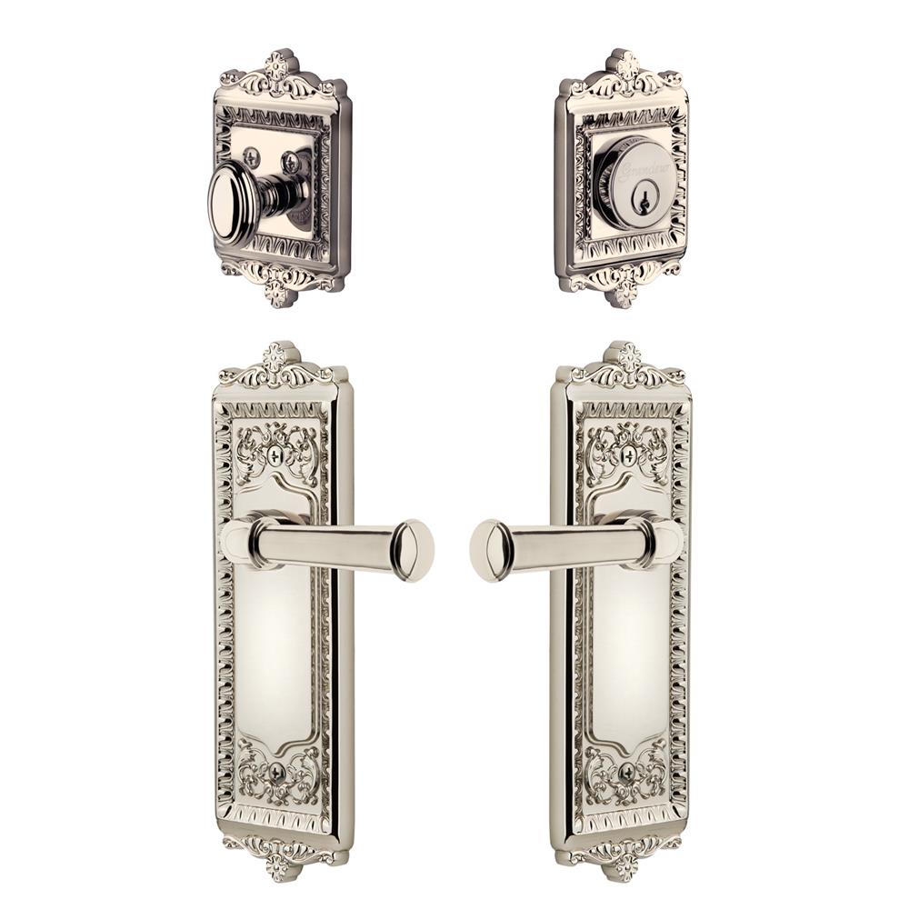 Grandeur by Nostalgic Warehouse WINGEO Windsor Plate with Georgetown Lever and matching Deadbolt in Polished Nickel