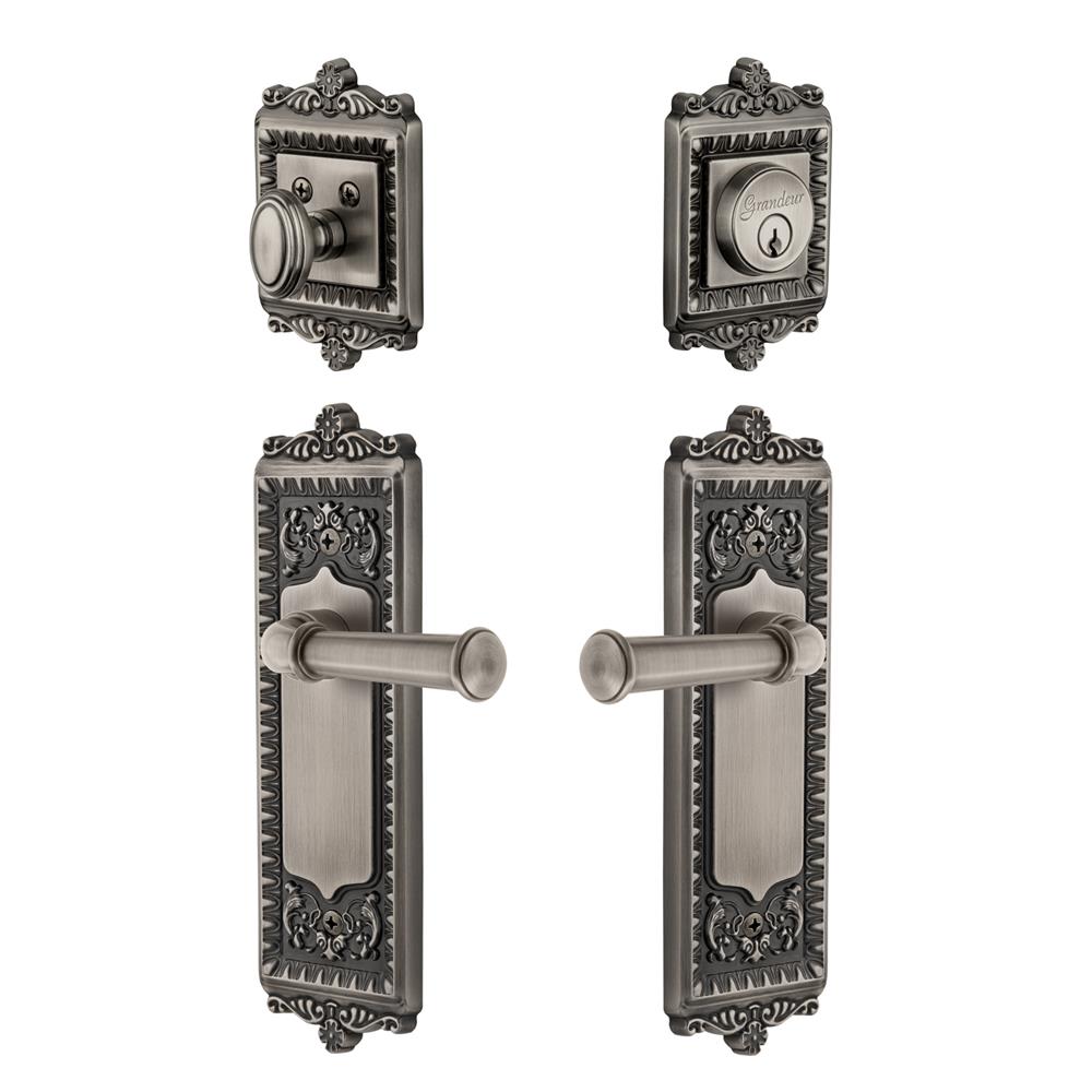 Grandeur by Nostalgic Warehouse WINGEO Windsor Plate with Georgetown Lever and matching Deadbolt in Antique Pewter