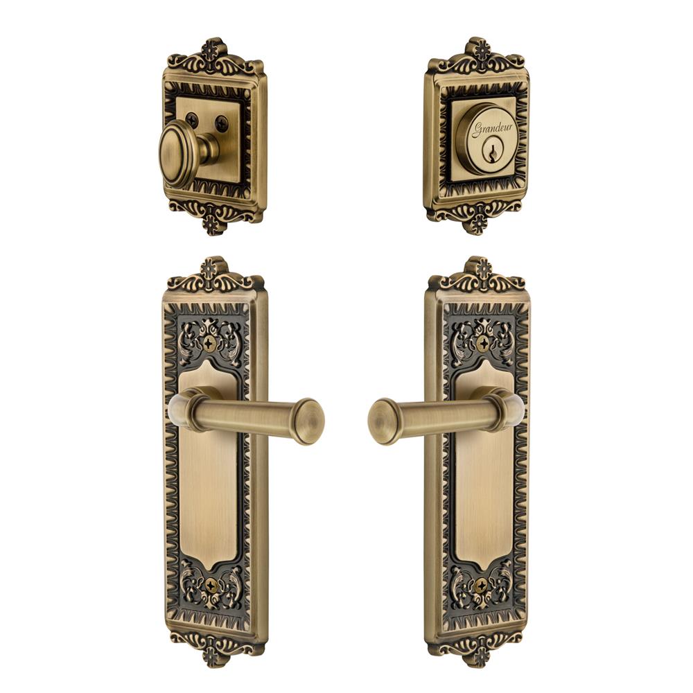 Grandeur by Nostalgic Warehouse WINGEO Windsor Plate with Georgetown Lever and matching Deadbolt in Vintage Brass