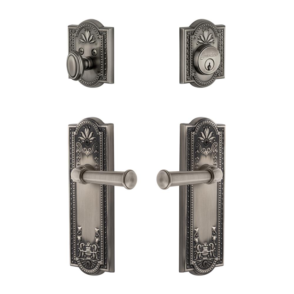 Grandeur by Nostalgic Warehouse PARGEO Parthenon Plate with Georgetown Lever and matching Deadbolt in Antique Pewter