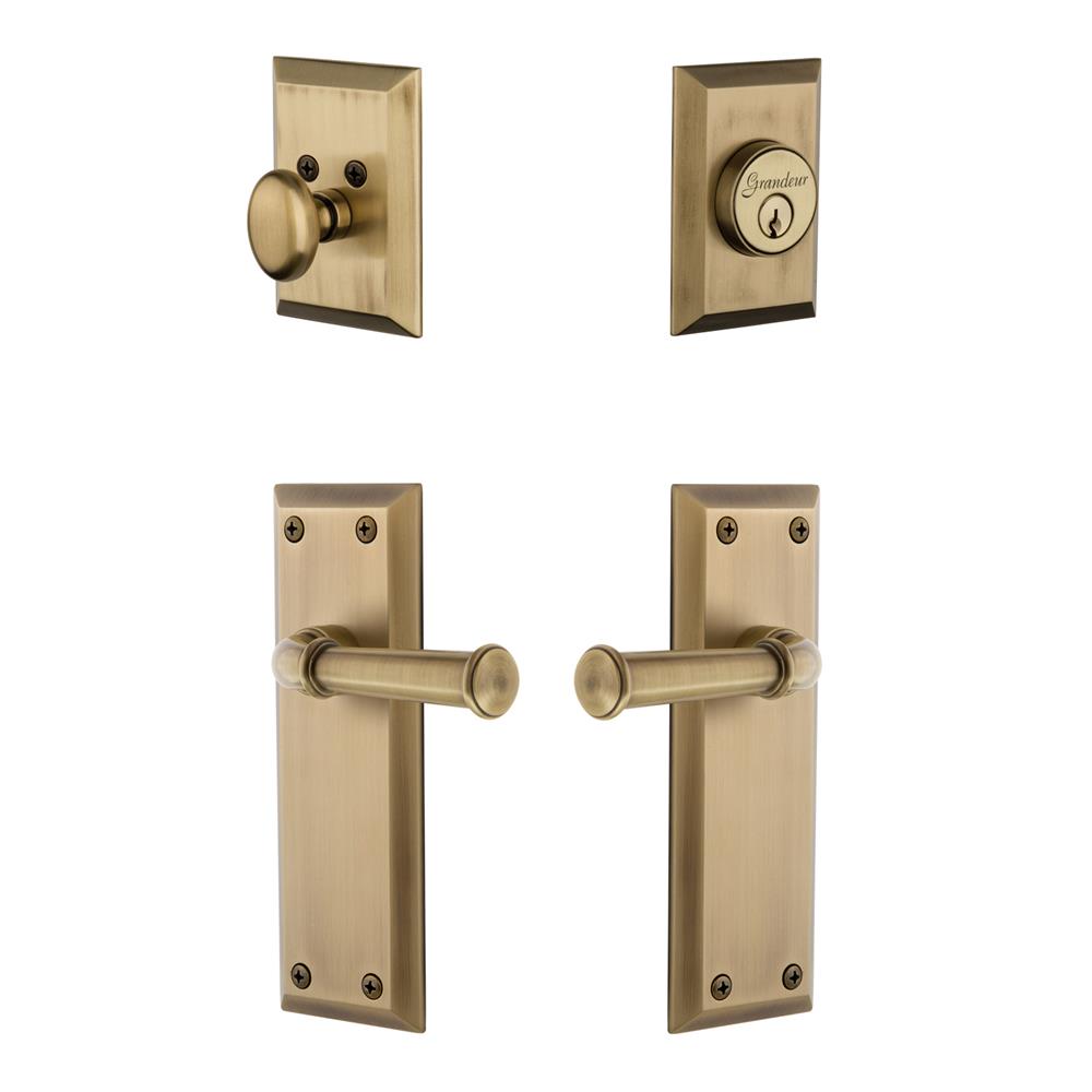 Grandeur by Nostalgic Warehouse FAVGEO Fifth Avenue Plate with Georgetown Lever and matching Deadbolt in Vintage Brass