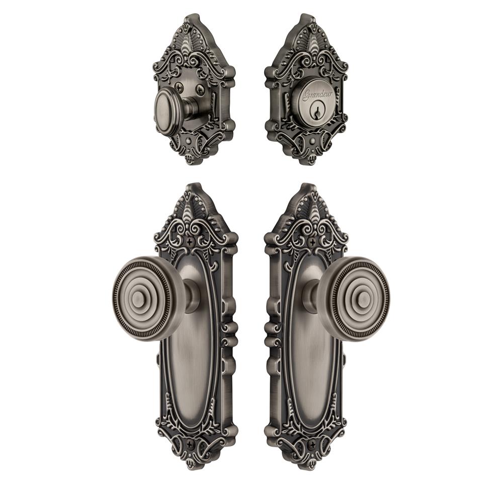 Grandeur by Nostalgic Warehouse GVCSOL Grande Victorian Plate with Soleil Knob and matching Deadbolt in Antique Pewter
