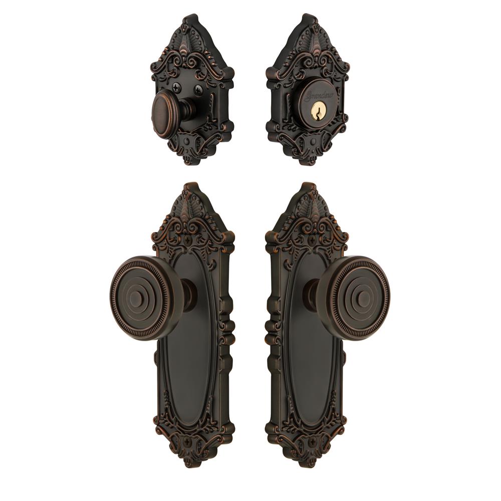 Grandeur by Nostalgic Warehouse GVCSOL Grande Victorian Plate with Soleil Knob and matching Deadbolt in Timeless Bronze