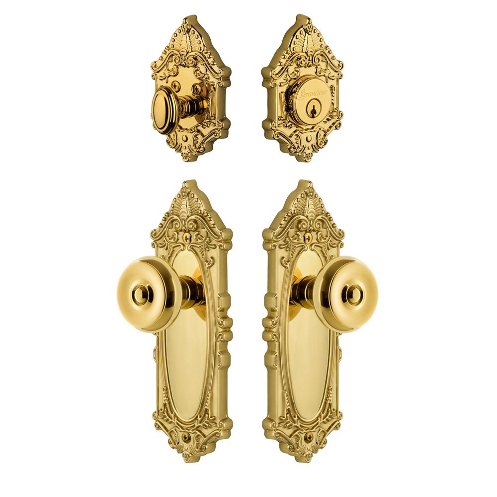 Grandeur by Nostalgic Warehouse GVCBOU Grande Victorian Plate with Bouton Knob and matching Deadbolt in Lifetime Brass