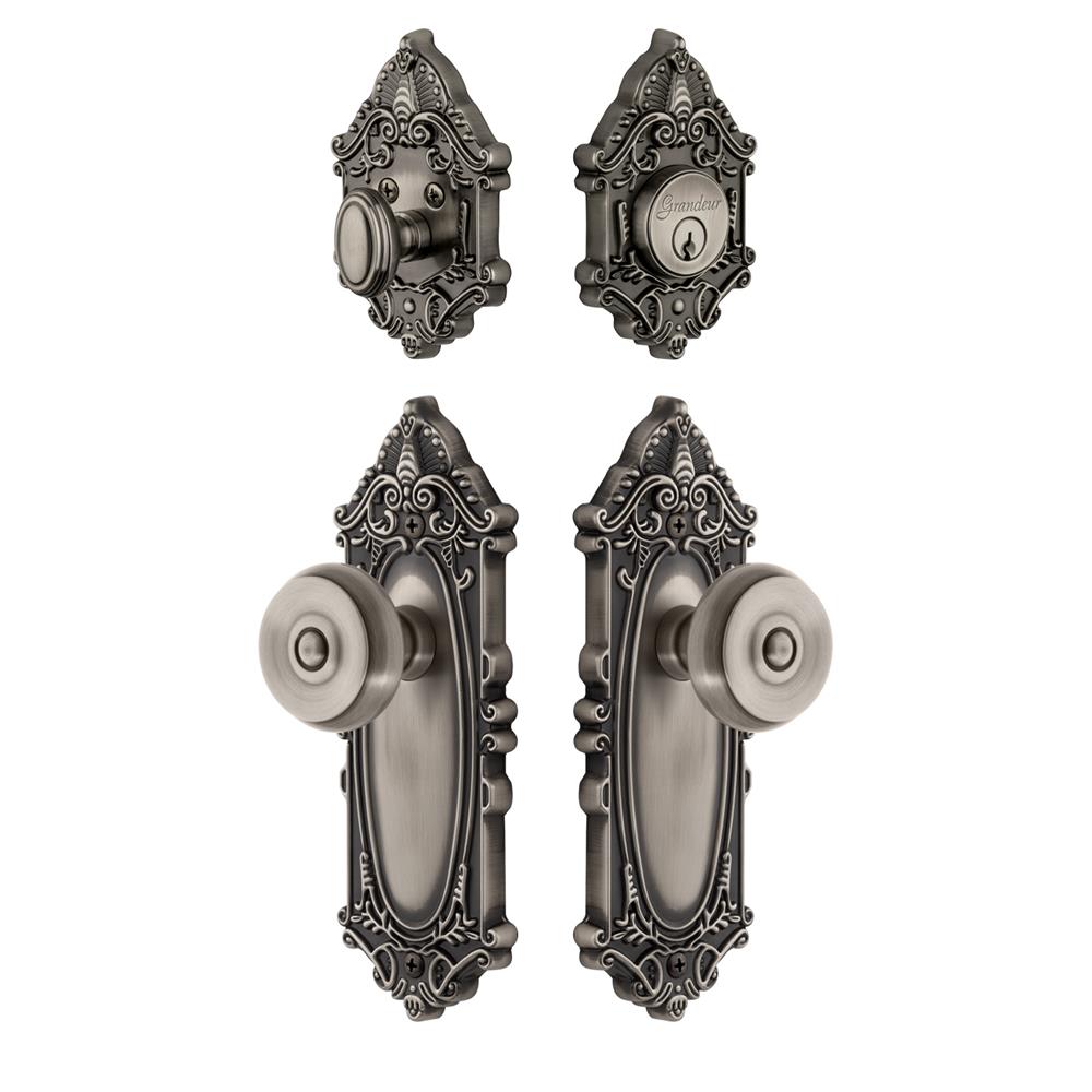 Grandeur by Nostalgic Warehouse GVCBOU Grande Victorian Plate with Bouton Knob and matching Deadbolt in Antique Pewter