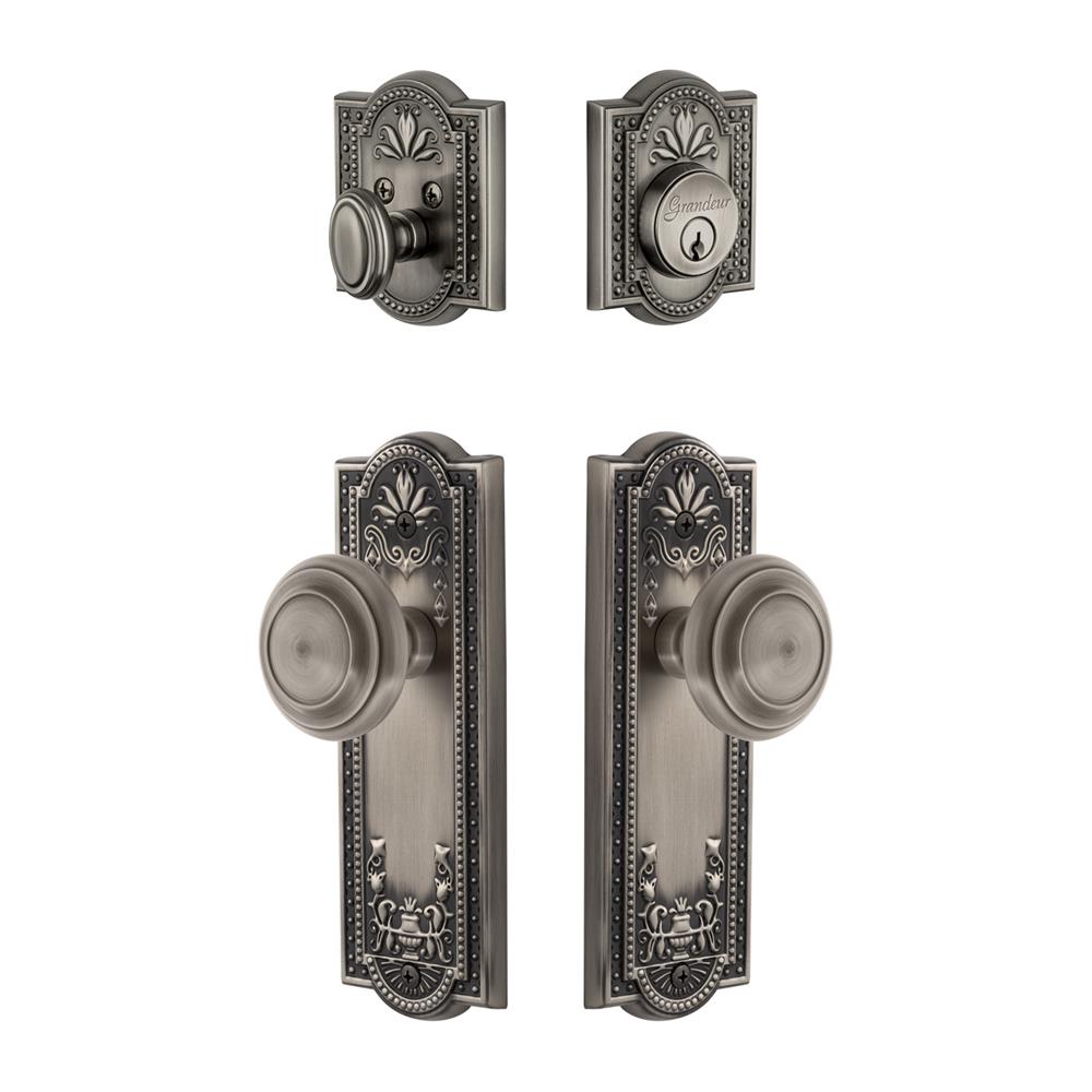 Grandeur by Nostalgic Warehouse PARCIR Parthenon Plate with Circulaire Knob and matching Deadbolt in Antique Pewter