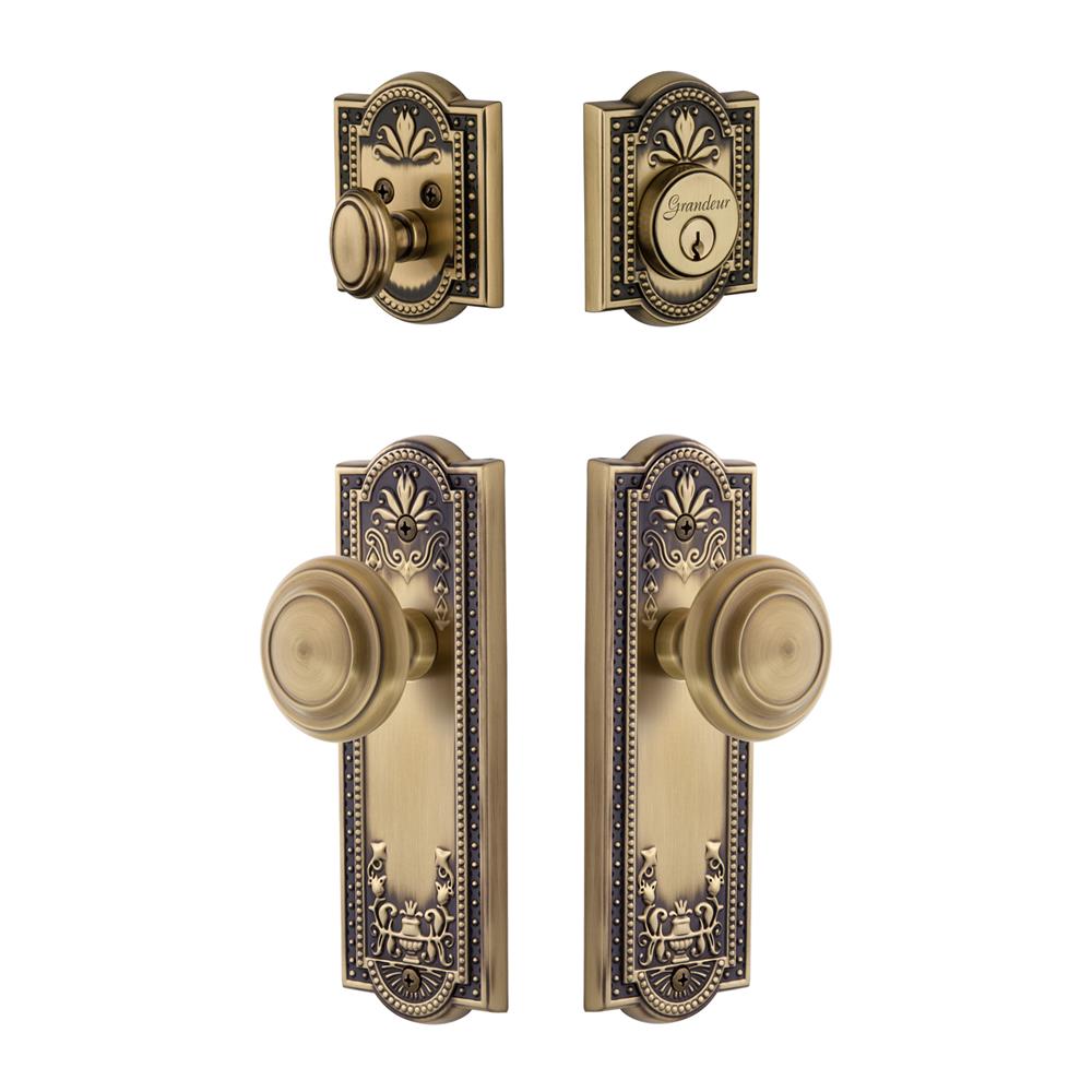 Grandeur by Nostalgic Warehouse PARCIR Parthenon Plate with Circulaire Knob and matching Deadbolt in Vintage Brass