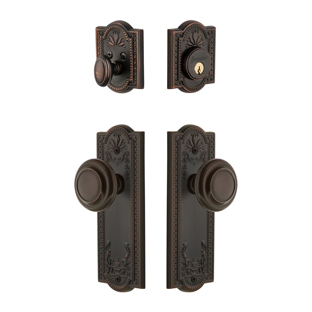 Grandeur by Nostalgic Warehouse PARCIR Parthenon Plate with Circulaire Knob and matching Deadbolt in Timeless Bronze