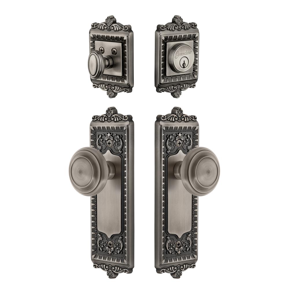 Grandeur by Nostalgic Warehouse WINCIR Windsor Plate with Circulaire Knob and matching Deadbolt in Antique Pewter