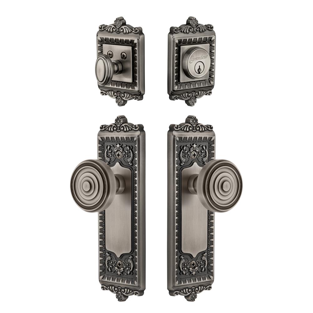 Grandeur by Nostalgic Warehouse WINSOL Windsor Plate with Soleil Knob and matching Deadbolt in Antique Pewter