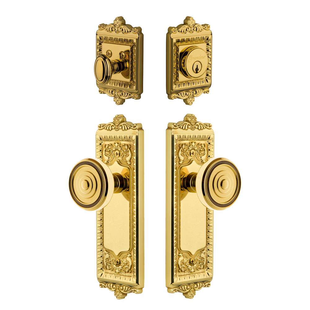 Grandeur by Nostalgic Warehouse WINSOL Windsor Plate with Soleil Knob and matching Deadbolt in Lifetime Brass