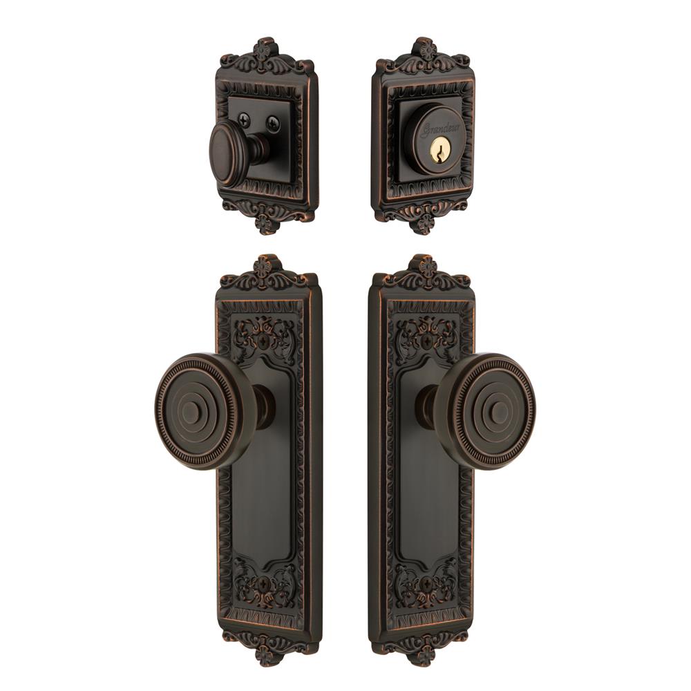 Grandeur by Nostalgic Warehouse WINSOL Windsor Plate with Soleil Knob and matching Deadbolt in Timeless Bronze
