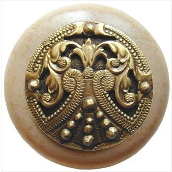 Notting Hill NHW-701N-AB Regal Crest Wood Knob in Antique Brass/Natural wood finish