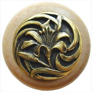 Notting Hill NHW-703N-AB Tiger Lily Wood Knob in Antique Brass /Natural wood finish