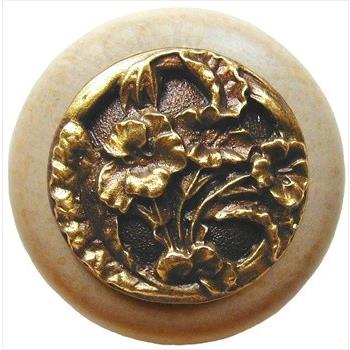 Notting Hill NHW-704N-AB Hibiscus Wood Knob in Antique Brass /Natural wood finish