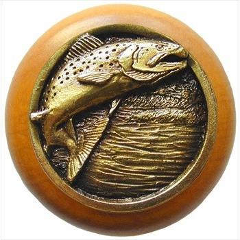 Notting Hill NHW-708M-AB Leaping Trout Wood Knob in Antique Brass /Maple wood finish