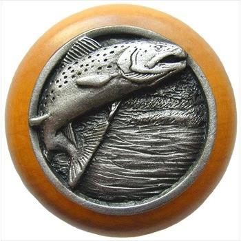 Notting Hill NHW-708M-AP Leaping Trout Wood Knob in Antique Pewter/Maple wood finish