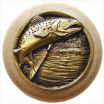 Notting Hill NHW-708N-AB Leaping Trout Wood Knob in Antique Brass /Natural wood finish
