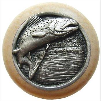 Notting Hill NHW-708N-AP Leaping Trout Wood Knob in Antique Pewter/Natural wood finish