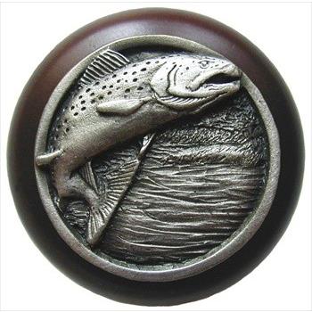 Notting Hill NHW-708W-AP Leaping Trout Wood Knob in Antique Pewter/Dark Walnut wood finish