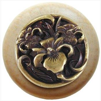 Notting Hill NHW-728N-AB River Iris Wood Knob in Antique Brass/Natural wood finish