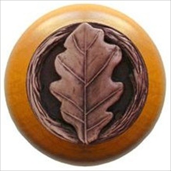 Notting Hill NHW-744M-AC Oak Leaf Wood Knob in Antique Copper/Maple wood finish