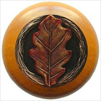 Notting Hill NHW-744M-BHT Oak Leaf Wood Knob in Hand-tinted Antique Brass/Maple wood finish