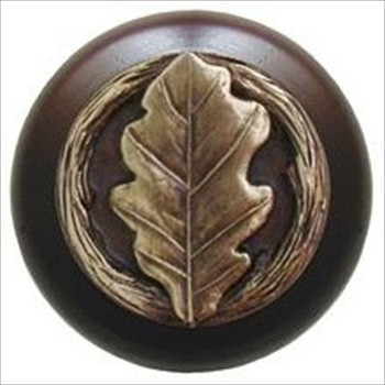 Notting Hill NHW-744W-AB Oak Leaf Wood Knob in Antique Brass/Dark Walnut wood finish