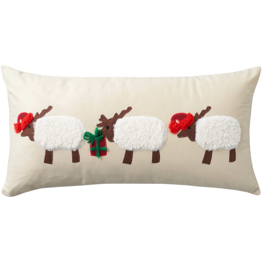Nourison L0488 Mina Victory Holiday Pillows Applique Sheep Throw Pillows in Beige