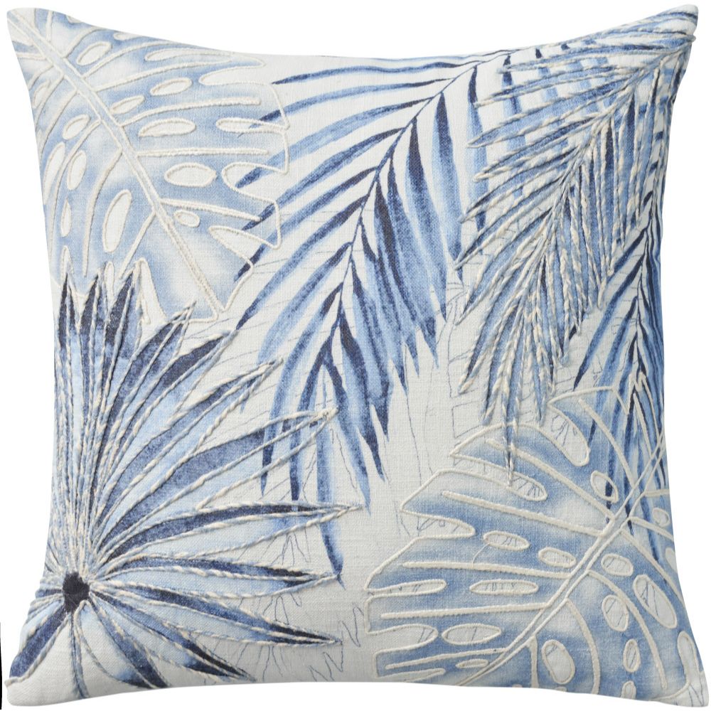 Nourison EE206 Mina Victory Life Styles Print/Embd Palms Pillow Cover in Blue