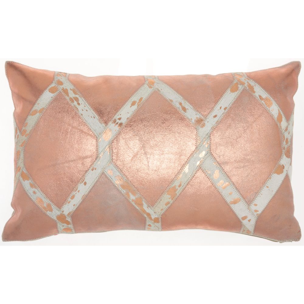Nourison PN887 Mina Victory Natural Leather Hide Metallic Diamond Rose Gold Throw Pillow in Rose Gold