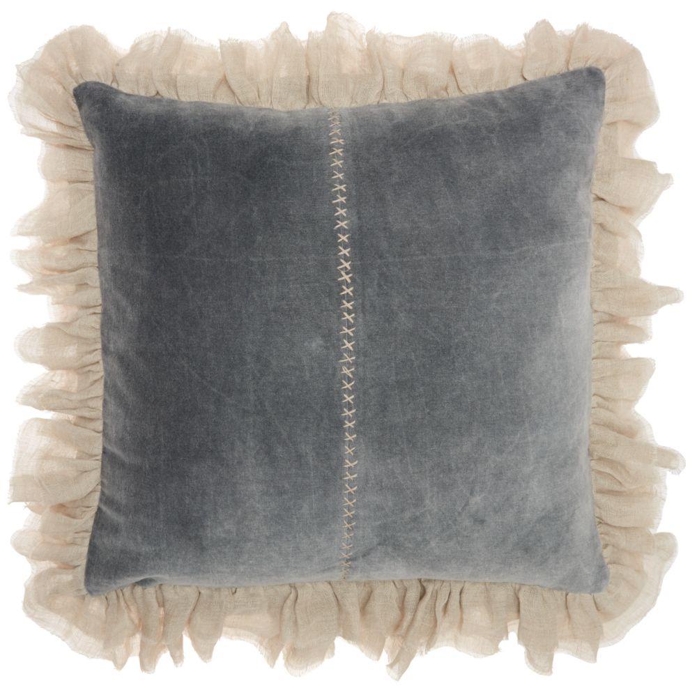 Nourison GE903 Mina Victory Life Styles Stitch Velvet Frills Dark Grey Throw Pillow in Dark Grey