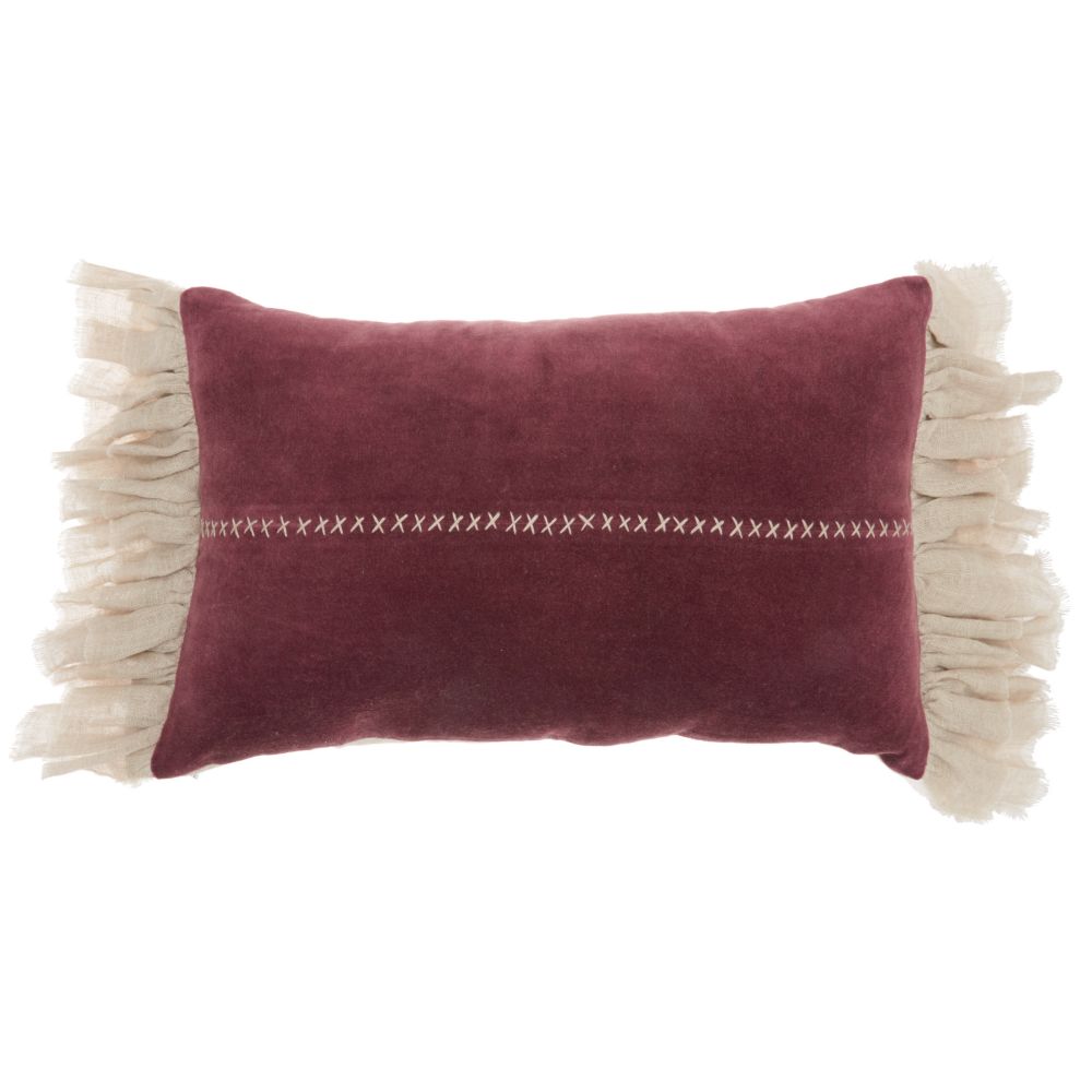 Nourison GE903 Mina Victory Life Styles Stitch Velvet Frills Burgundy Throw Pillow in Burgundy