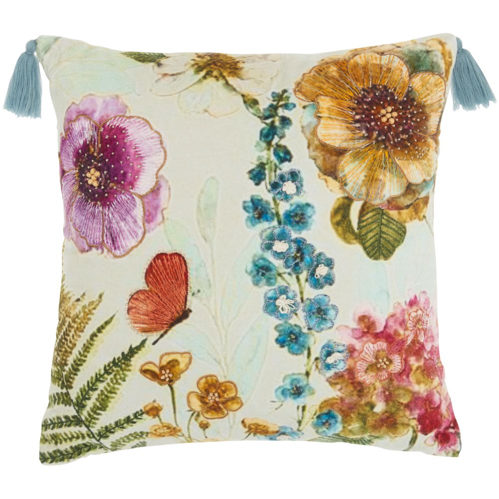 Nourison AZ185 Mina Victory Sofia Embroidered Floral Garden Multicolor Throw Pillow in Multicolor