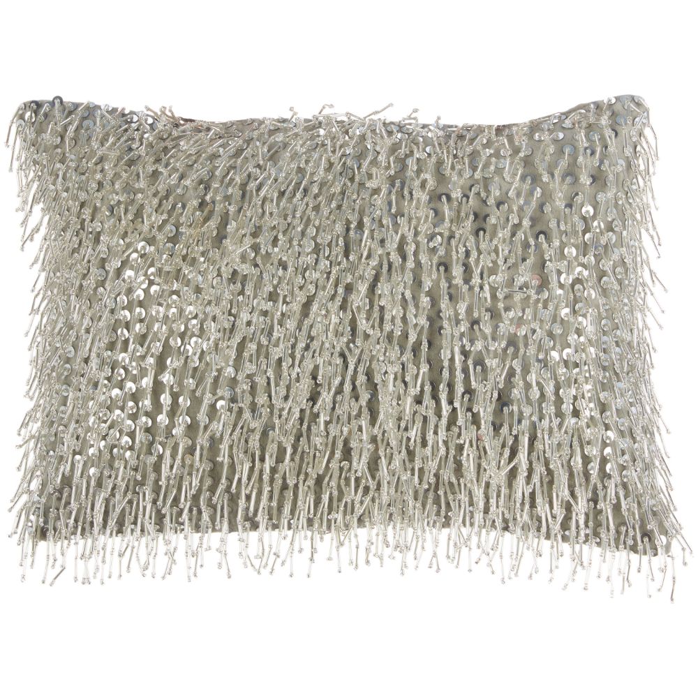 Nourison Z0727 Mina Victory Luminescence Beaded Tassels Silver Throw Pillow in Silver