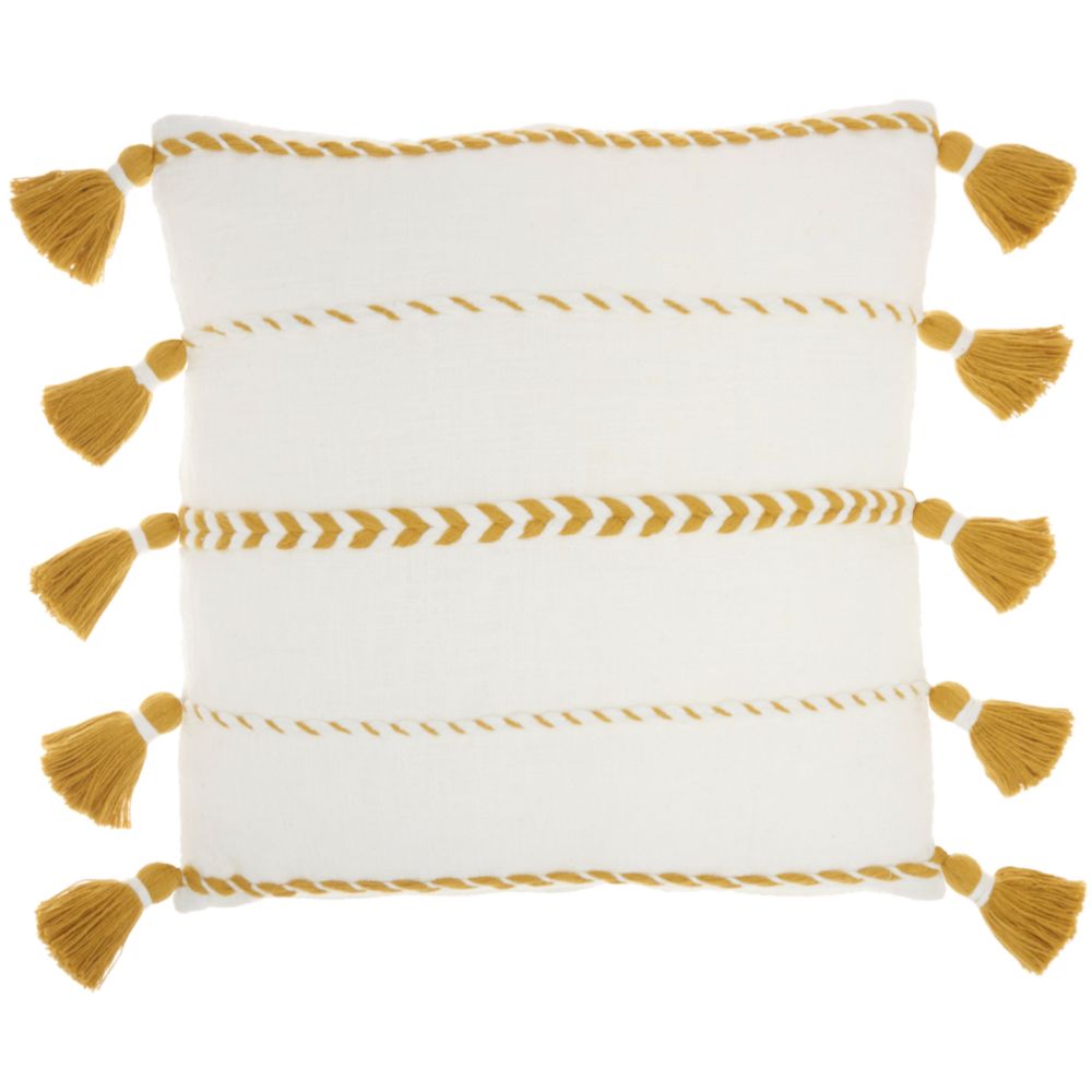 Nourison SH037 Mina Victory Life Styles Braided Stripes Tassels Mustard Throw Pillow in Mustard
