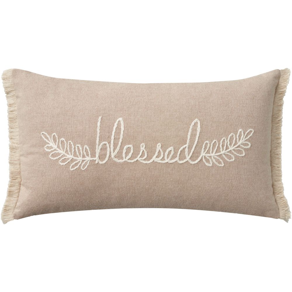 Nourison EE259 Mina Victory Life Styles Embroidrd Blessed Pillow Cover in Natural