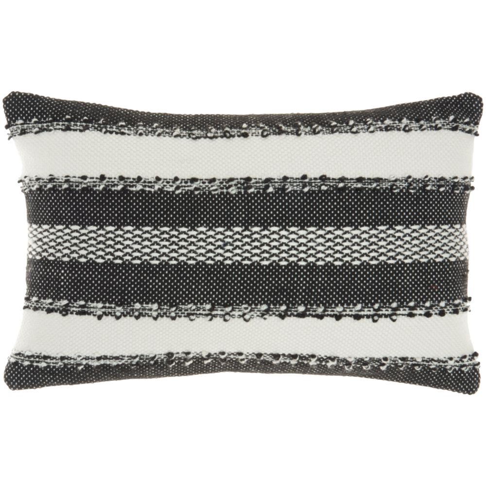 Nourison VJ088 Mina Victory Outdoor Pillows Woven Stripes & Dots Black Throw Pillow in Black