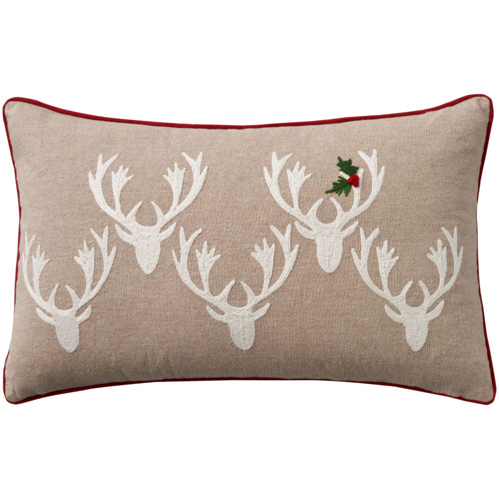 Nourison EE371 Mina Victory Holiday Pillows Embrd Deer & Holly Natural Throw Pillows