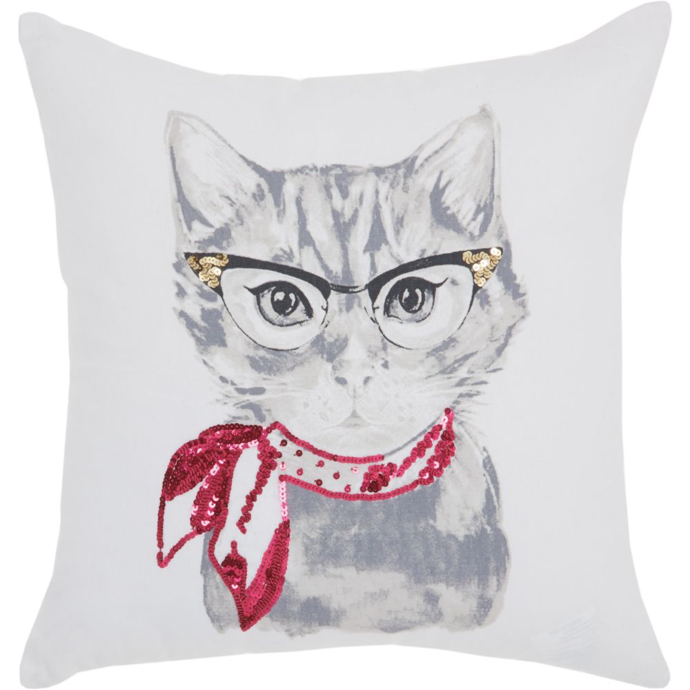 Nourison JB269 Mina Victory Trendy, Hip, New-Age Classic Kitty White Throw Pillow in White