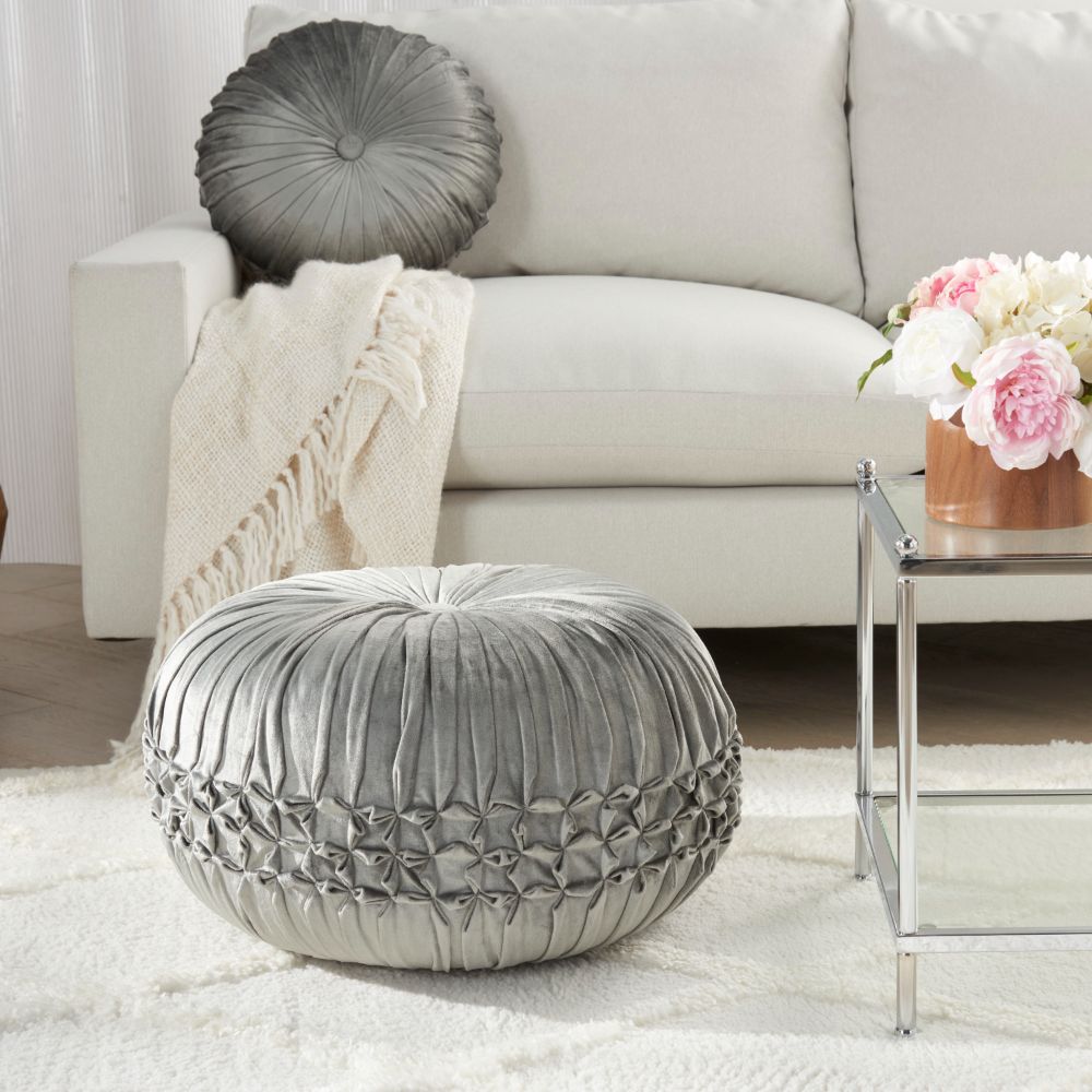 Nourison RC833 Mina Victory Sofia Pin Tuck Velvet Charcoal Pouf in Charcoal