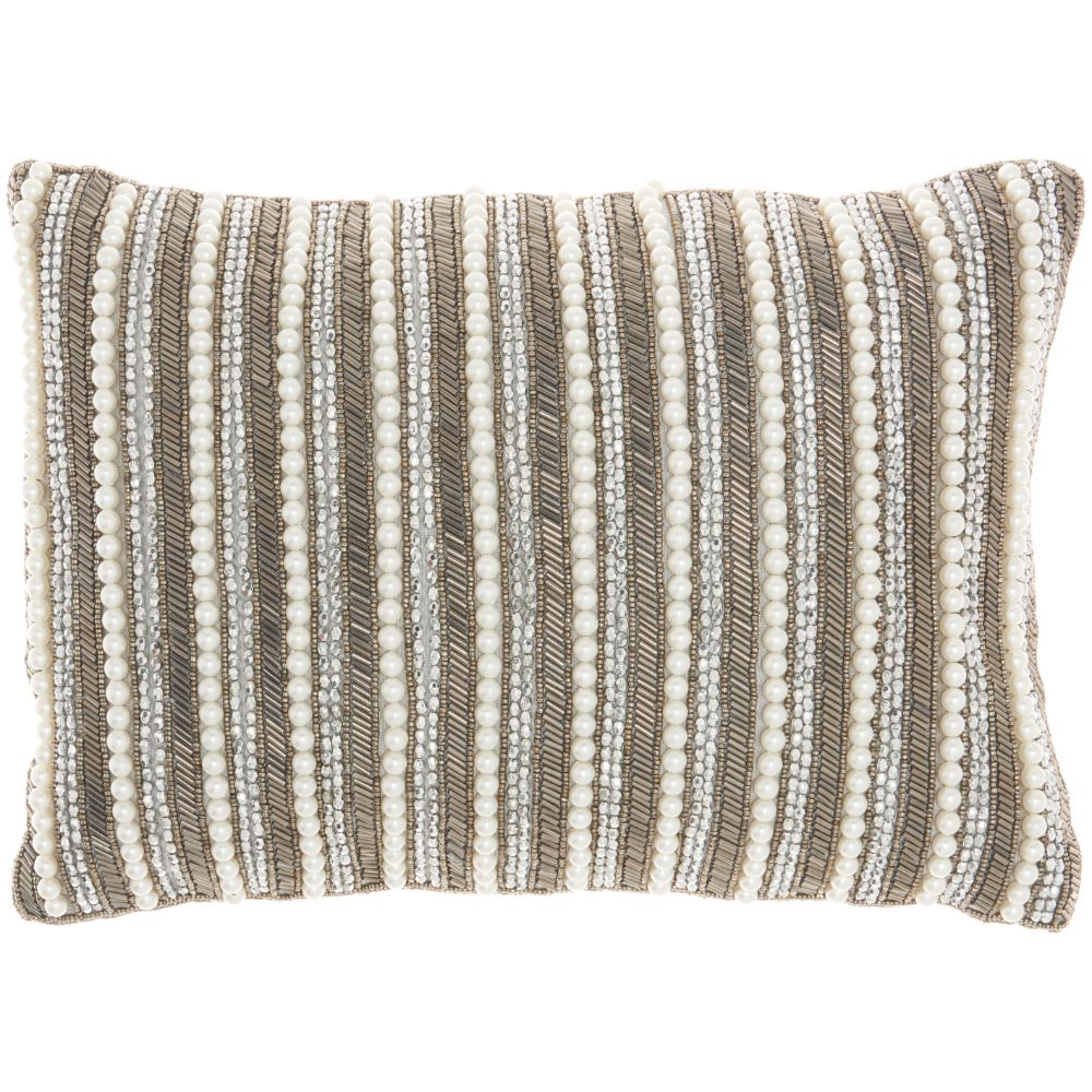 Nourison Z2014 Mina Victory Luminescence Beaded Vert Stripes Pewter Throw Pillow in Pewter